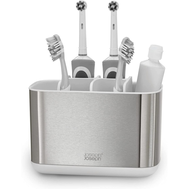 Organiser for electric toothbrushes, EASY STORE STEEL, 25 x 12 x H 11,6, Joseph Joseph, Stainless Steel / White