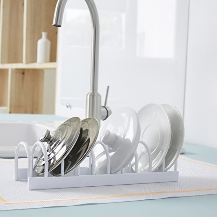 Saucers & small lids Organiser, 10 Slots, KITCHEN RACK, 24,5 x 7 x H6 cm, White