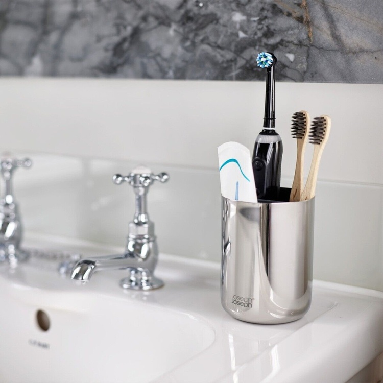 Caddy for electric toothbrushes, EASY STORE LUXE, Ø 9 x H 11,7 cm, Joseph Joseph, Stainless Steel