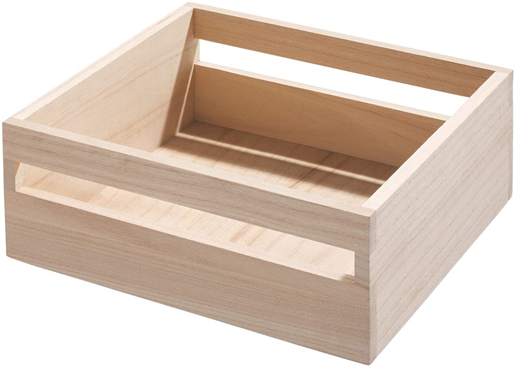 Handeled Bin, Low, PAULOWNIA ECO WOOD SQUARE BOX, 25,4 x 25,4 x H 10,2 cm, Natural