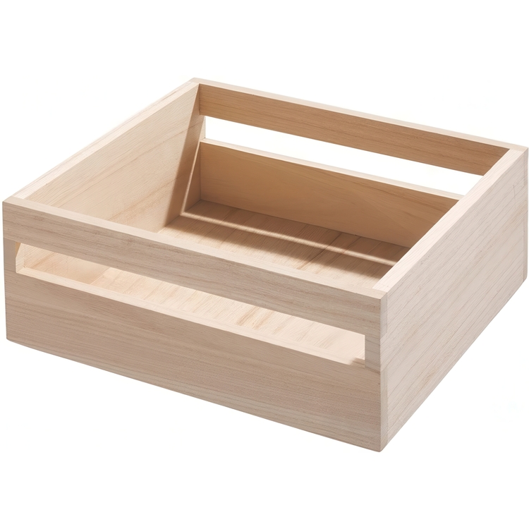Handeled Bin, Low, PAULOWNIA ECO WOOD SQUARE BOX, 25,4 x 25,4 x H 10,2 cm, Natural
