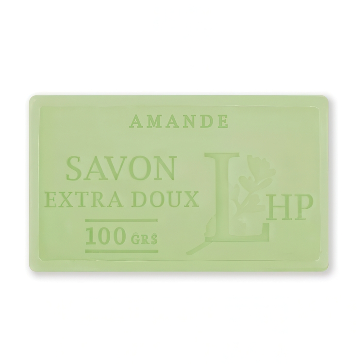 Soap with Almond, 100 g, SAVON DE MARSEILLE AMANDE, 8,5 x 5 x H 2,5 cm, Light Green