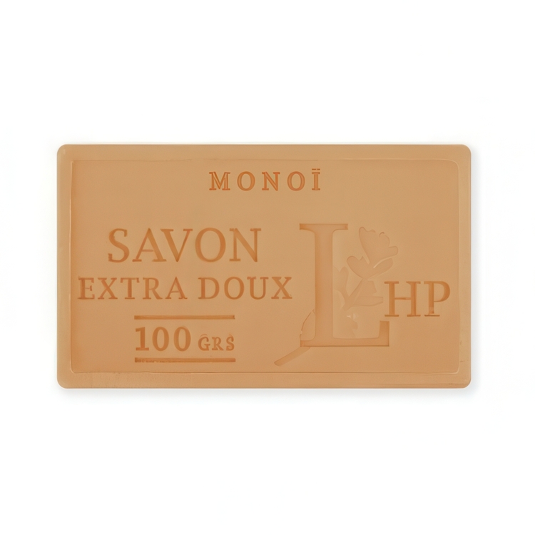 Soap with scent of Monoi Tahiti, 100 g, SAVON DE MARSEILLE MONOI, 8,5 x 5 x H 2,5 cm, Orange
