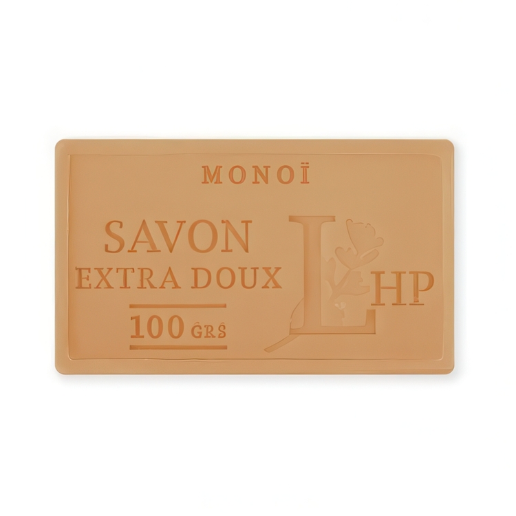 Soap with scent of Monoi Tahiti, 100 g, SAVON DE MARSEILLE MONOI, 8,5 x 5 x H 2,5 cm, Orange