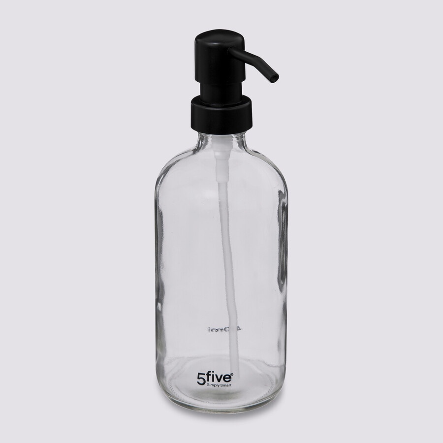 Soap pump in Glass, 450 ml, DISTRIBUTEUR À SAVON, Ø 7,4 x H 21 cm, Clear / Black