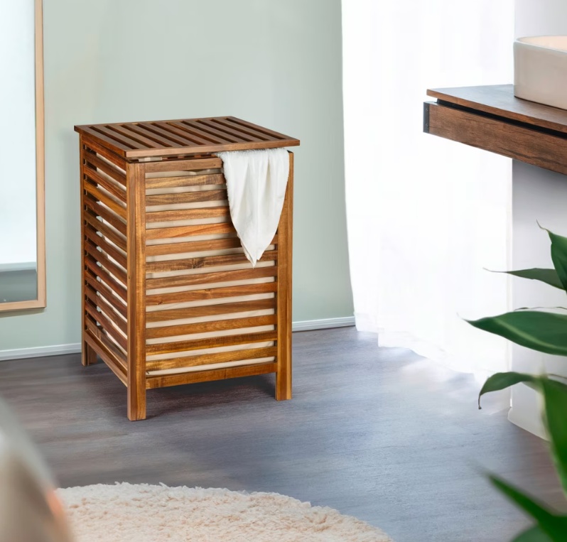 Laundry Basket in acacia, 56 L, FONDI, 45 x 45 x H 65 cm, Brown