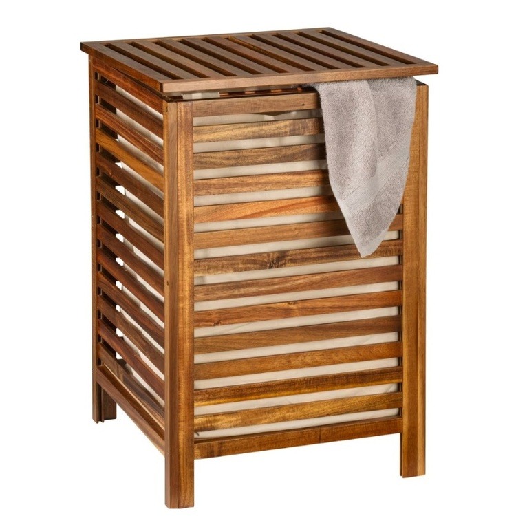 Laundry Basket in acacia, 56 L, FONDI, 45 x 45 x H 65 cm, Brown