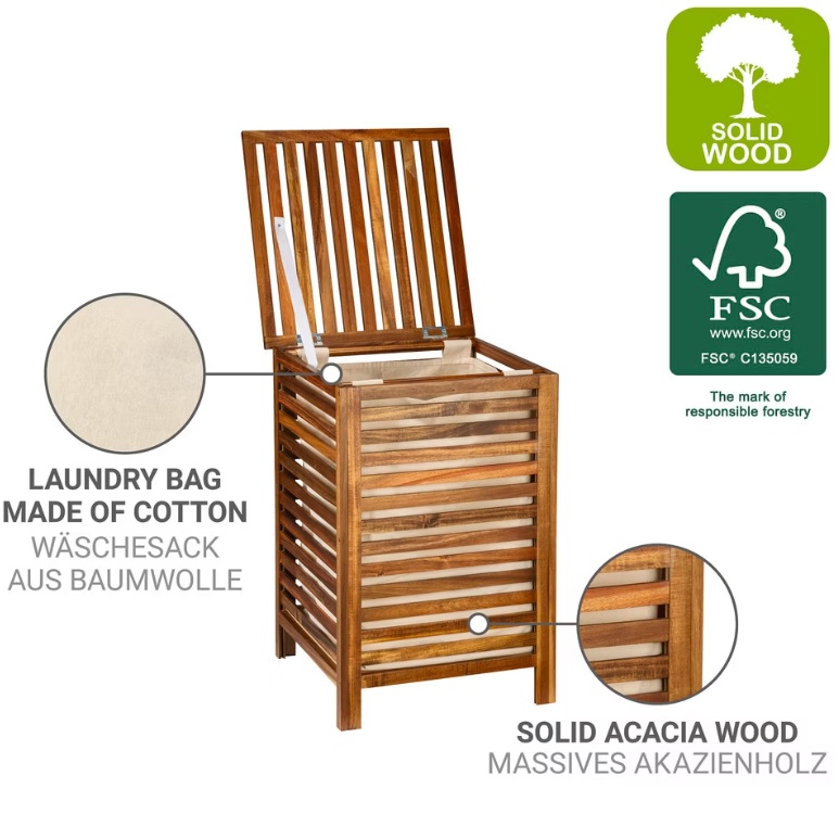 Laundry Basket in acacia, 56 L, FONDI, 45 x 45 x H 65 cm, Brown