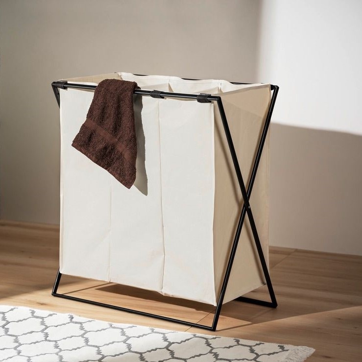 Laundry Bin, 3 Compartments, 145 L, TRIO XL, 69 x 37 x H 76 cm, Beige / Black