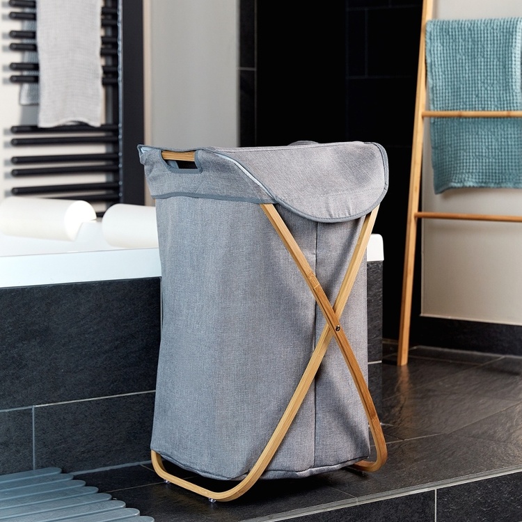Laundry basket with bamboo frame, BAHRI, 46 x 30 X H 68 cm, Grey