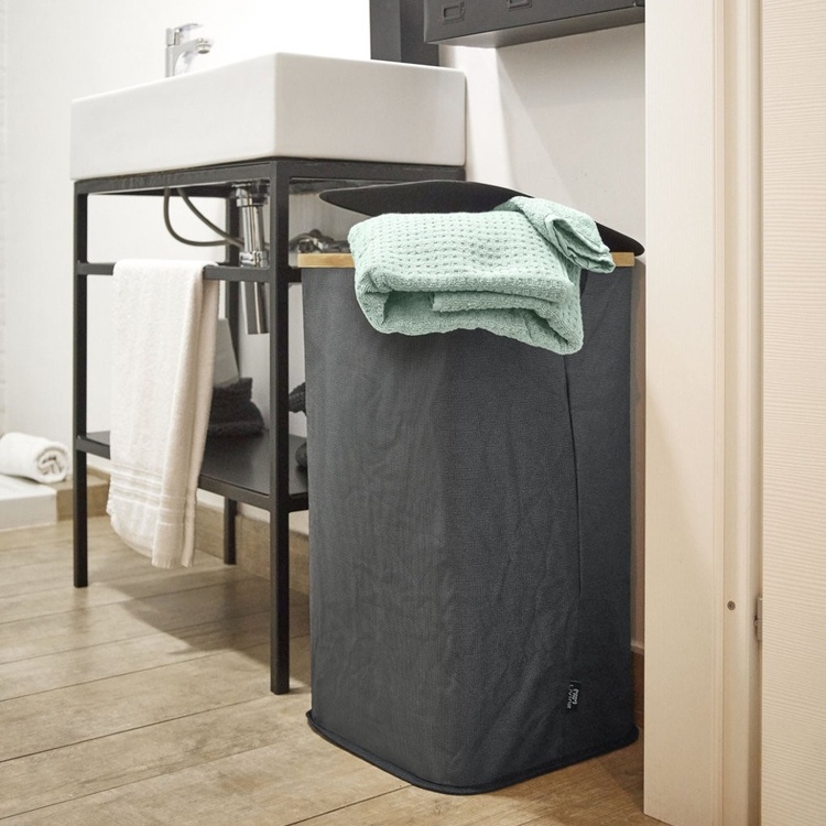 Laundry basket with lid, PORTABIANCHERIA, 35,5 x 35,5 x H 58,5cm, Grey / Bamboo