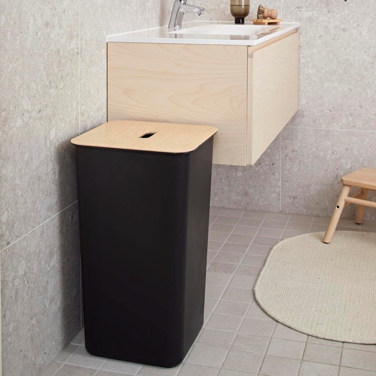Laundry Basket, 53 L, SMARTSTORE COLLECT, 36 x 36 x H 58 cm, Black / wood
