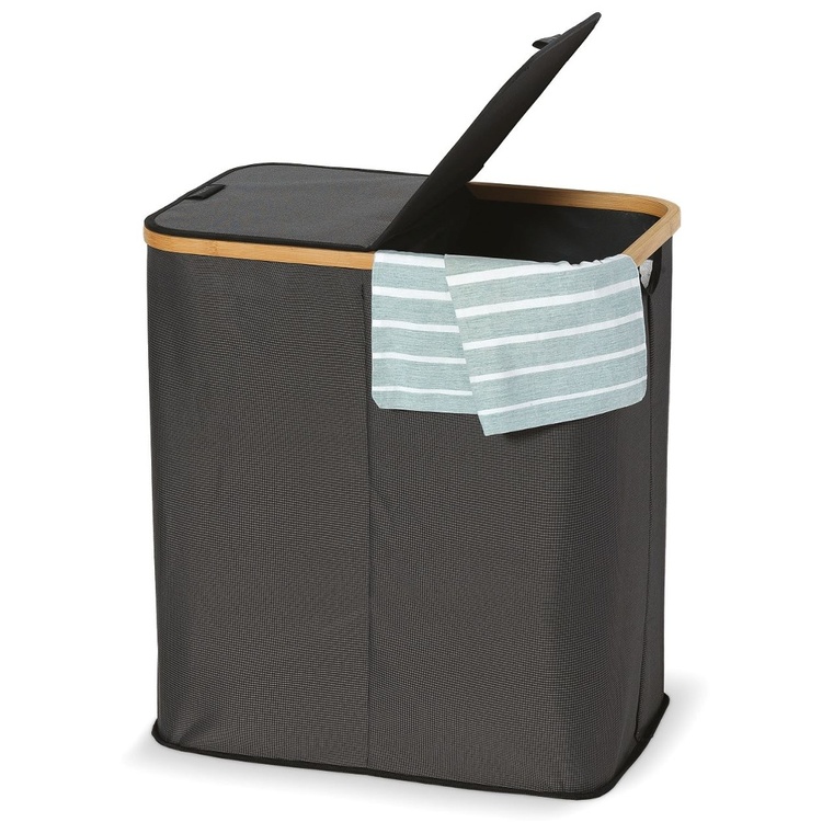 Laundry basket, 2 Compartments, PORTABIANCHERIA DOPPIO, 54 x 34 x H 58,5cm, Grey / Bamboo