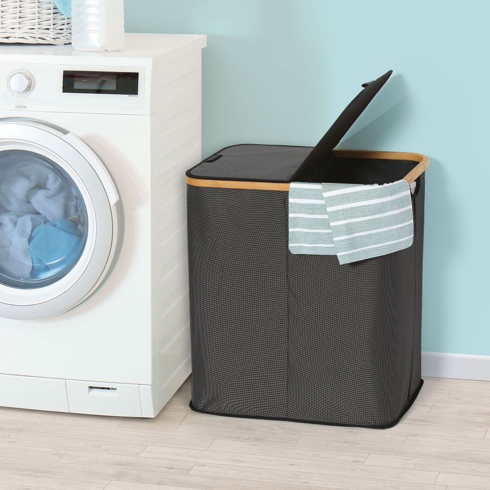 Laundry basket, 2 Compartments, PORTABIANCHERIA DOPPIO, 54 x 34 x H 58,5cm, Grey / Bamboo