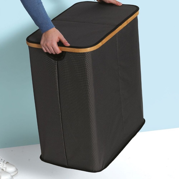 Laundry basket, 2 Compartments, PORTABIANCHERIA DOPPIO, 54 x 34 x H 58,5cm, Grey / Bamboo