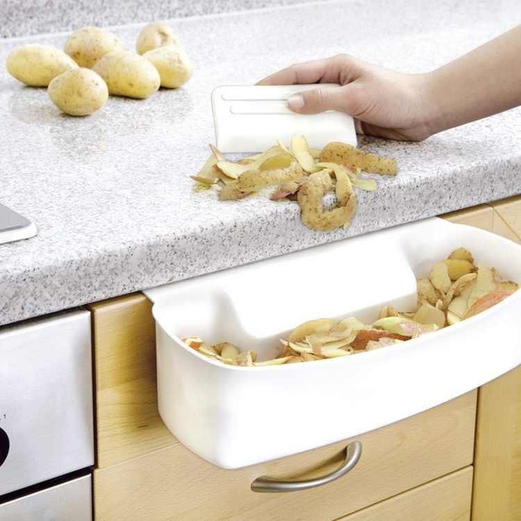 Collecting tray for kitchen waste - including scraper, AUFFANGSCHALE, white