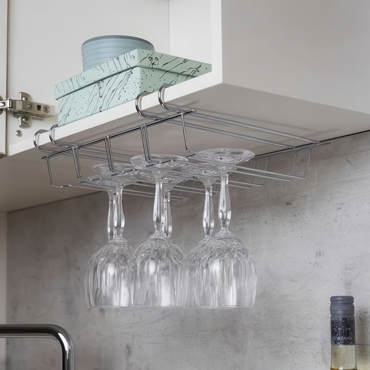 Under Cupboard Rack, LARGE WINE GLASS HANGER, Silver