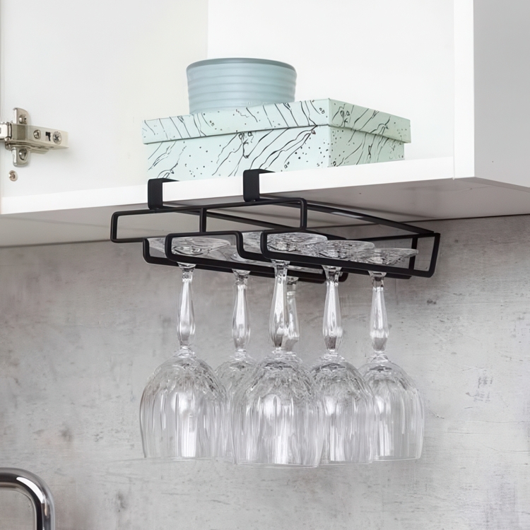 Under Cupboard Rack, DOUBLE WINE GLASS HANGER, Black