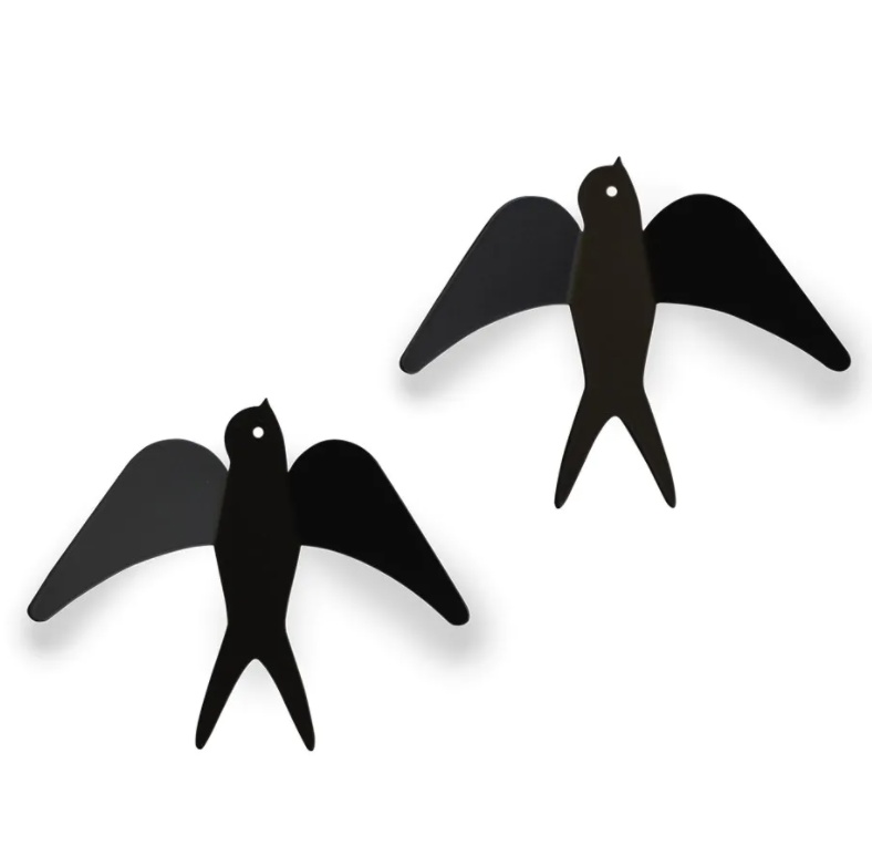 Wall hangers in metal, Set of 2, SWALLOWS, 14 x H 14 cm, Black