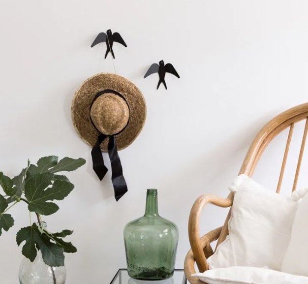 Wall hangers in metal, Set of 2, SWALLOWS, 14 x H 14 cm, Black