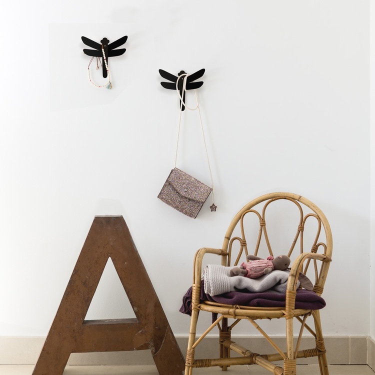 Wall hangers in metal, Set of 2, DRAGONFLY, 14 x H 14 cm, Black