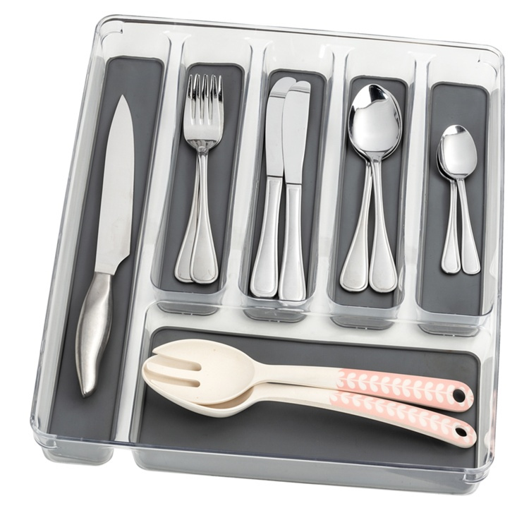 Cutlery Tray, 6 compartments,, ANTI-SLIP ORGANIZER, 40 x 32 x H 4,5 cm, Clear / Grey in the group Storage / Kitchen storage / Kitchen cabinet organizers / Cutlery drawers at SmartaSaker.se (40118)