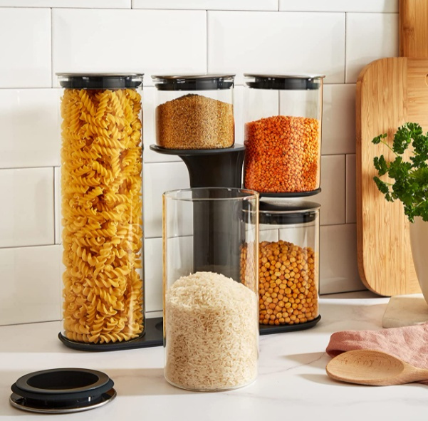 Glass Container Set in stand, 5-piece, PODIUM EASY-ACCESS, Joseph Joseph, Clear / Silver in the group Storage / Kitchen storage / Storage bins and jars at SmartaSaker.se (40341)