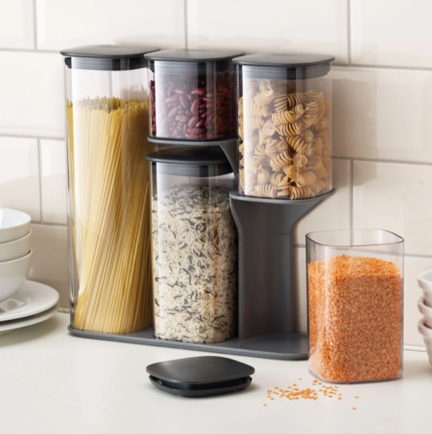 Container Set in stand, 5-piece, PODIUM EASY-ACCESS, Joseph Joseph, Clear / Grey in the group Storage / Kitchen storage / Storage bins and jars at SmartaSaker.se (40343)