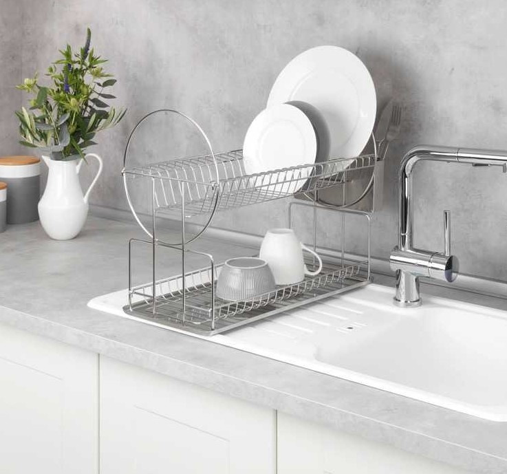 Dish Rack, 2 levels, cutlery basket, EXCLUSIVE DUO, 45 x 23 x H36 cm, stainless steel in the group Storage / Kitchen storage / Dish racks and sink accessories at SmartaSaker.se (40462)