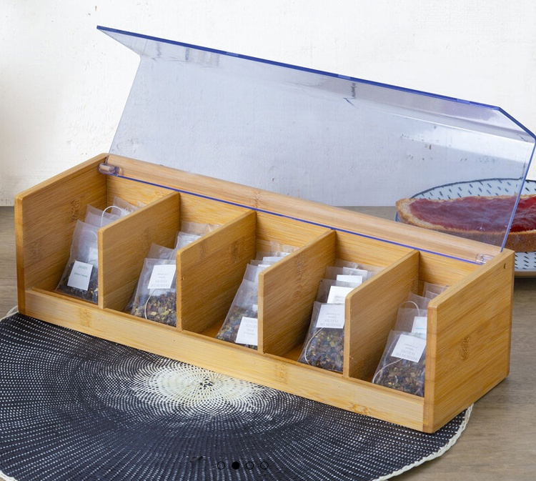 Storage Box for Tea Bags, BAMBOO TEA BOX, 5 fack, 36 x 11 x H 9,5 cm, Nature / Clear in the group Storage / Kitchen storage / Storage bins and jars at SmartaSaker.se (40797)