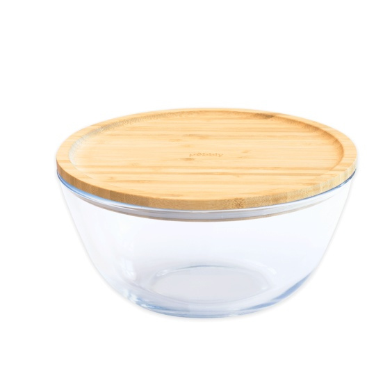 Glas Bowl with Bamboo Lid, 1,6L, PEBBLY MEDIUM ECO FRIENDLY BOWL, Ø 19 x H 11 cm, Clear / Nature in the group Storage / Kitchen storage / Storage bins and jars at SmartaSaker.se (41032)