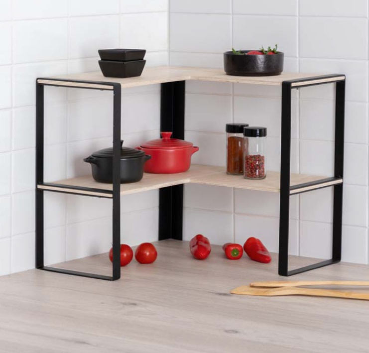 Mini 2-tier shelf, BLACK & WOOD CORNER RACK, 40 x 40 x H 35 cm, Natural / Black in the group Storage / Kitchen storage / Kitchen cabinet organizers at SmartaSaker.se (41168)