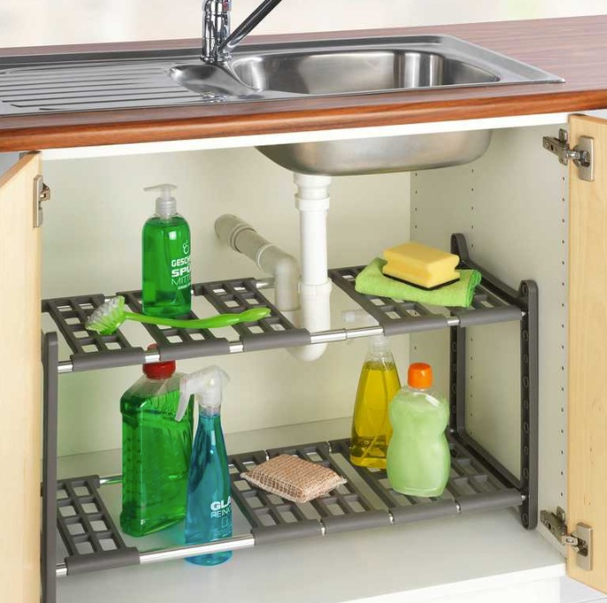 Under Sink Storage, Extendable, FLEXI UNDER-SINK SHELF, 45 - 80 cm, Grey in the group Storage / Kitchen storage / Kitchen cabinet organizers / Under sink storage at SmartaSaker.se (41174)