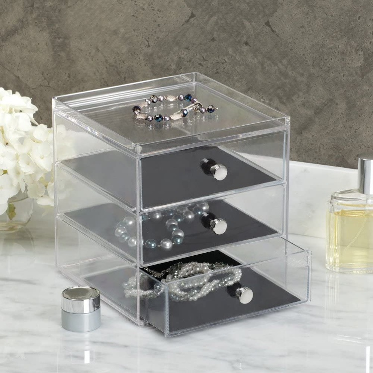 Three drawer box storage, ID CLARITY JEWELLERY DRAWER, 16,5 x 16,5 x H 18 cm, Clear/ Black in the group Storage / Bedroom storage / Jewelry storage at SmartaSaker.se (41899)