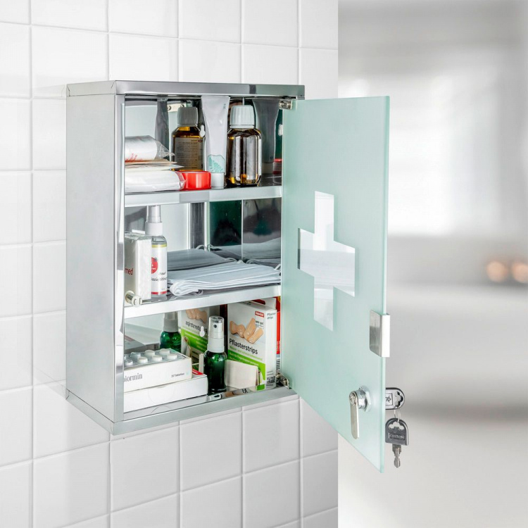 Medicine cabinet with glass door, lockable, MEDIKAMENTENSCHRANK, 30 x 12 x H 40 cm, Silver in the group Storage / Bathroom storage at SmartaSaker.se (42218)