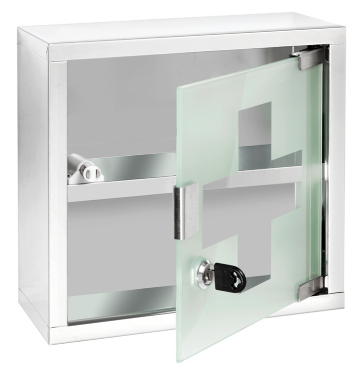 Medicine cabinet with glass door, lockable, MEDIKAMENTENSCHRANK, 25 x 12 x H 25 cm, Silver / Klar in the group Storage / Bathroom storage at SmartaSaker.se (42219)