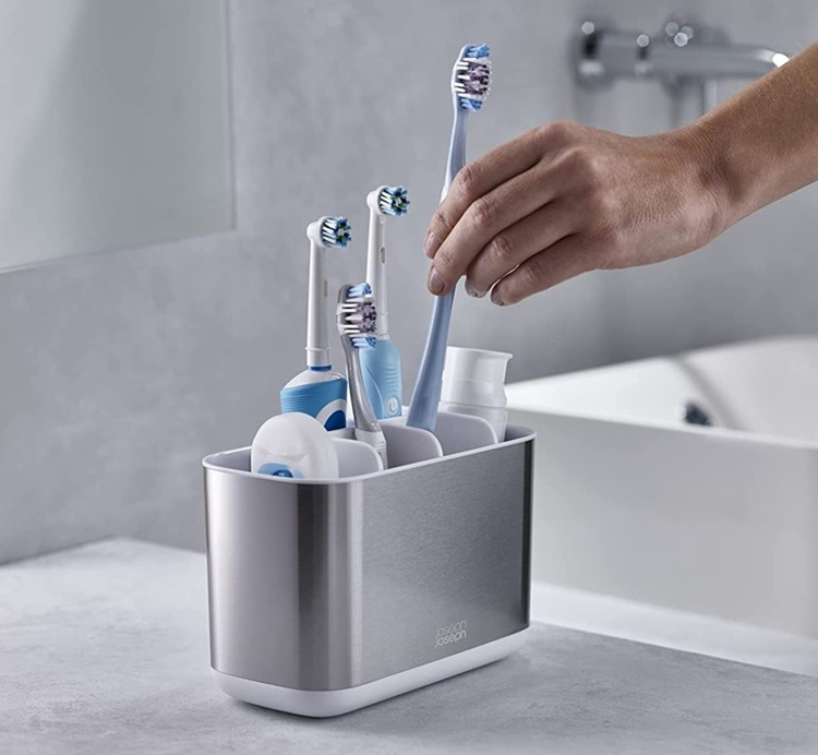 Organiser for electric toothbrushes, EASY STORE STEEL, 25 x 12 x H 11,6, Joseph Joseph, Stainless Steel / White in the group Storage / Bathroom storage at SmartaSaker.se (42862)