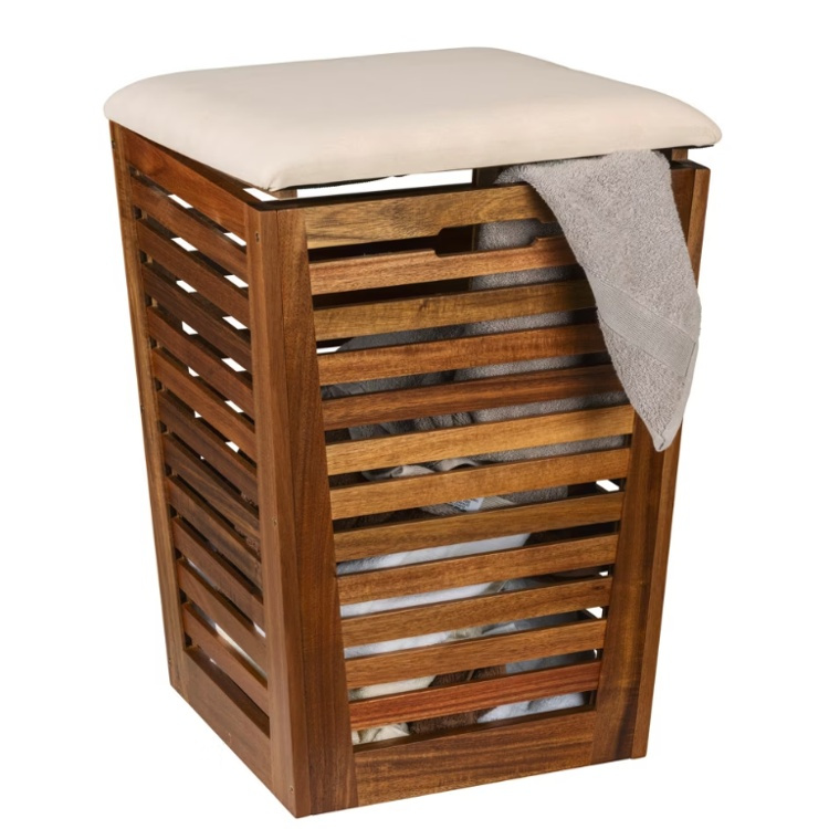 Stool in acacia with storage, FONDI, 40 x 40 x H 56 cm, Brown / offwhite in the group Storage / Laundry and care / Laundry baskets at SmartaSaker.se (43090)