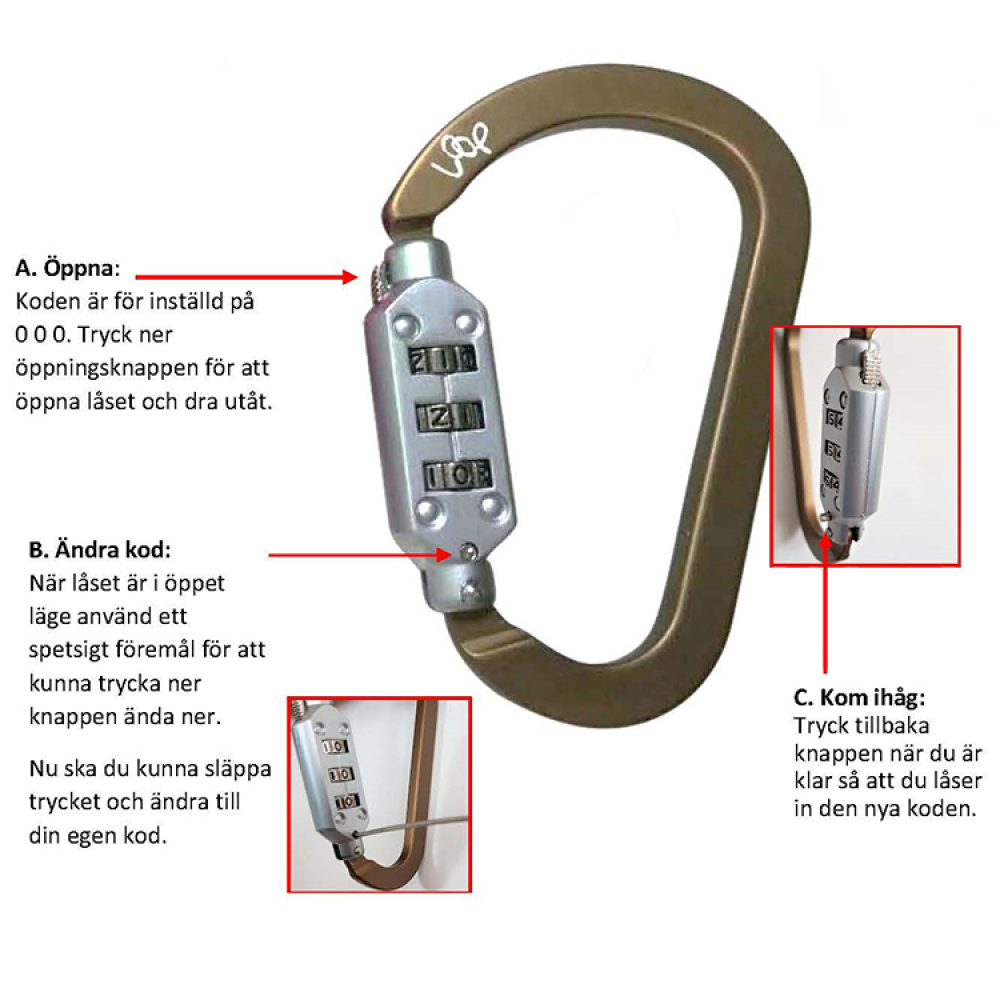 Carabiner hook with combination lock in the group Safety / Security / Anti-theft products at SmartaSaker.se (12612)