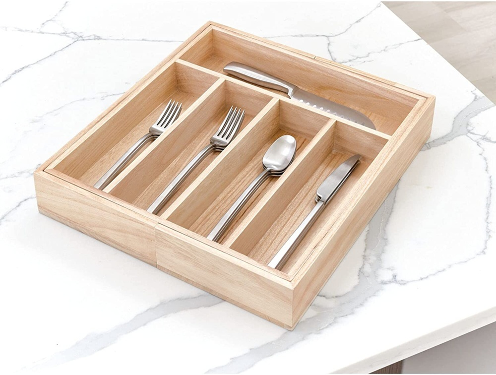 Cutlery Tray, Expandable, PAULOWNIA ECO WOOD, 38 x 34,5~58,5 x H 6,4 cm, Nature in the group Storage / Kitchen storage / Kitchen cabinet organizers / Cutlery drawers at SmartaSaker.se (40109)