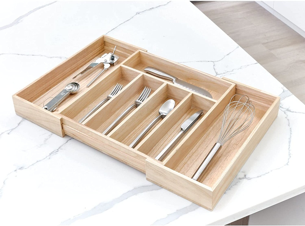 Cutlery Tray, Expandable, PAULOWNIA ECO WOOD, 38 x 34,5~58,5 x H 6,4 cm, Nature in the group Storage / Kitchen storage / Kitchen cabinet organizers / Cutlery drawers at SmartaSaker.se (40109)