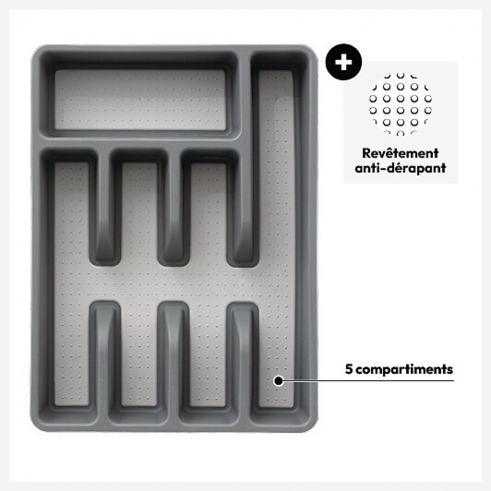 Cutlery tray, 5 compartments, NON SLIP RANGE-COUVERTS, 36,5 x 26.5 x H 5 cm, Grey in the group Storage / Kitchen storage / Kitchen cabinet organizers / Cutlery drawers at SmartaSaker.se (40114)