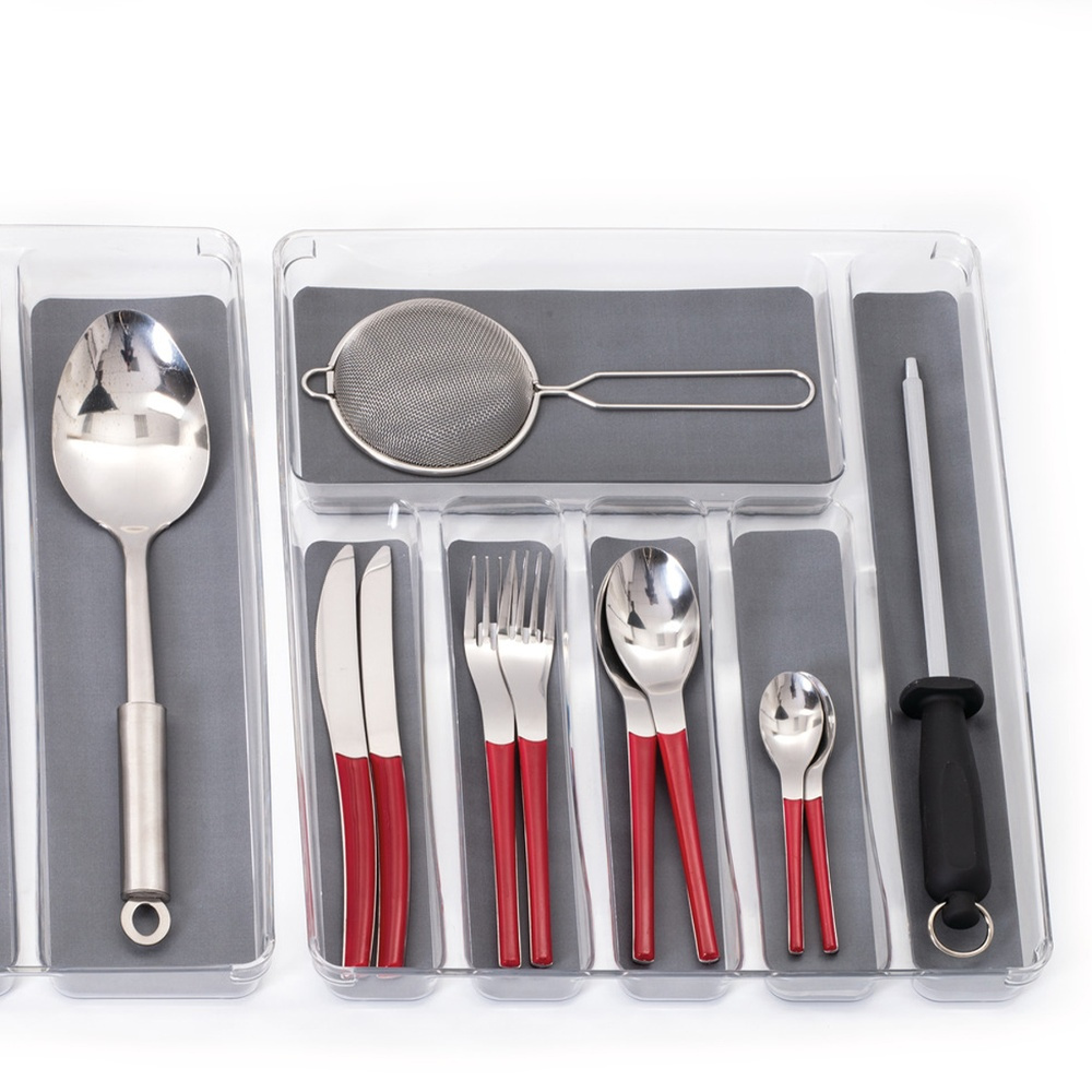 Cutlery tray, 6 compartments, TIDY SMART ORGANIZER, 40 x 32 x H 4,5 cm, Clear / Dark Grey in the group Storage / Kitchen storage / Kitchen cabinet organizers / Cutlery drawers at SmartaSaker.se (40119)