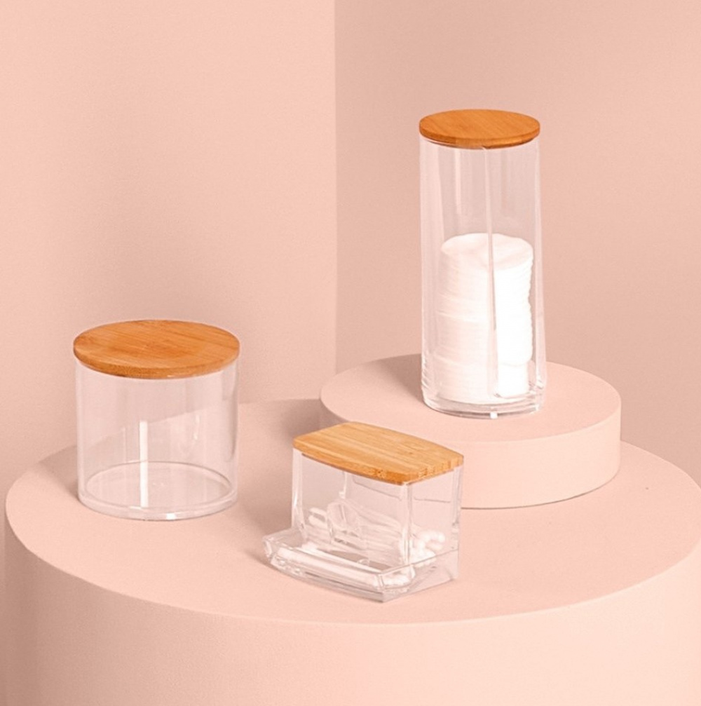 Dispenser for Cotton Buds, SELENA BAMBOO Q-TIP DISTRIBUTOR, 9,3 x 8 x H 7,4 cm, Clear / Nature in the group Storage / Bathroom storage / Makeup storage at SmartaSaker.se (40285)