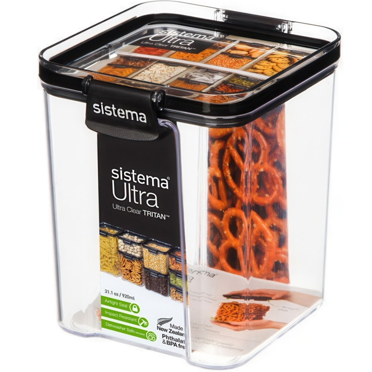 Canister, 920 ml, TRITAN ULTRA SQUARE, Clear / Black in the group Storage / Kitchen storage / Storage jars / Sistema storage jars at SmartaSaker.se (40313)