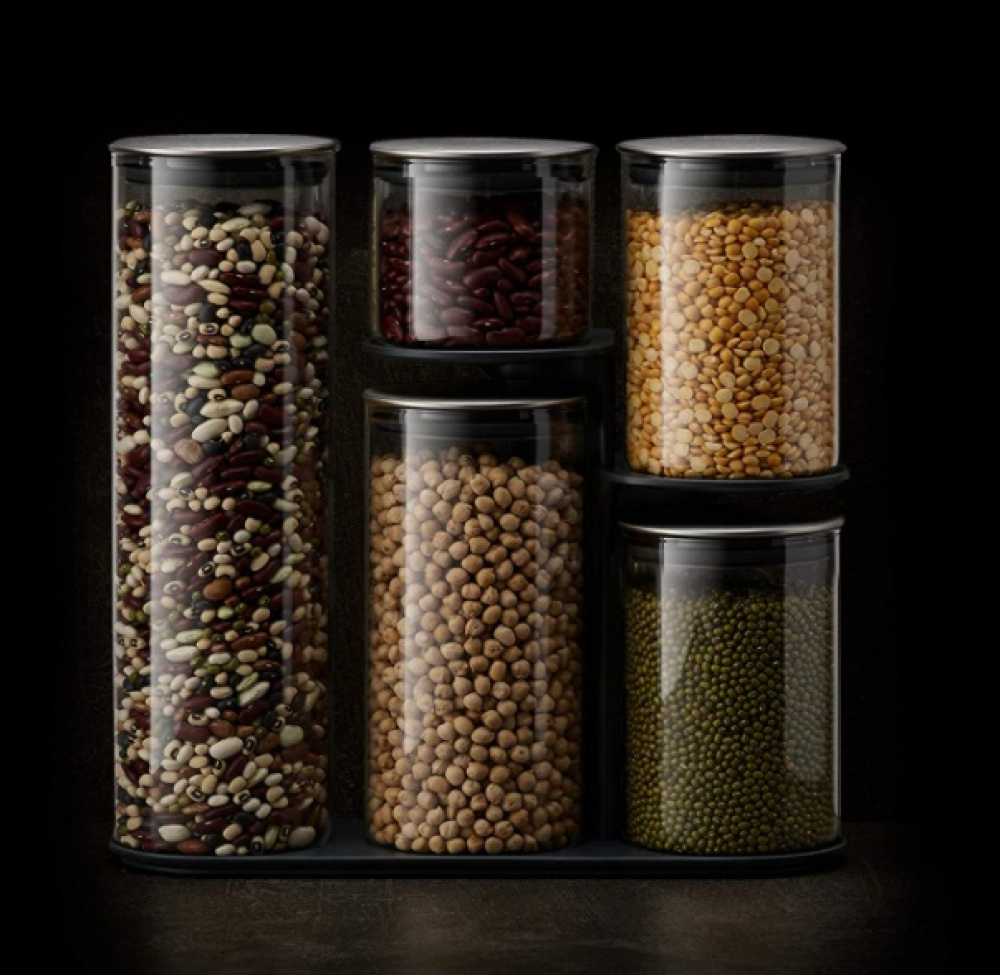 Glass Container Set in stand, 5-piece, PODIUM EASY-ACCESS, Joseph Joseph, Clear / Silver in the group Storage / Kitchen storage / Storage bins and jars at SmartaSaker.se (40341)
