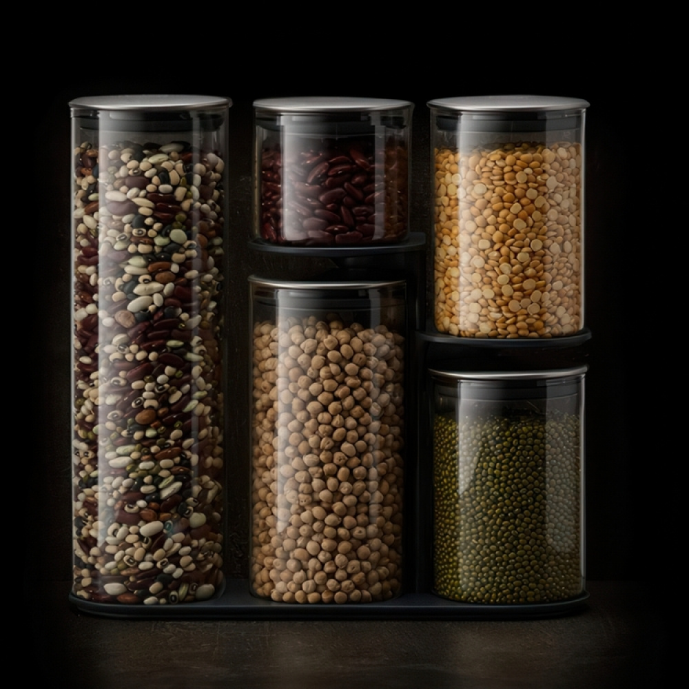 Glass Container Set in stand, 5-piece, PODIUM EASY-ACCESS, Joseph Joseph, Clear / Silver in the group Storage / Kitchen storage / Storage jars at SmartaSaker.se (40341)