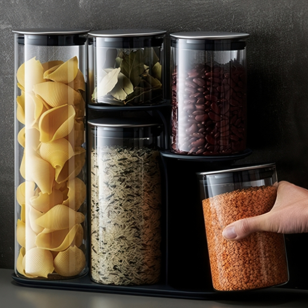 Glass Container Set in stand, 5-piece, PODIUM EASY-ACCESS, Joseph Joseph, Clear / Silver in the group Storage / Kitchen storage / Storage jars at SmartaSaker.se (40341)