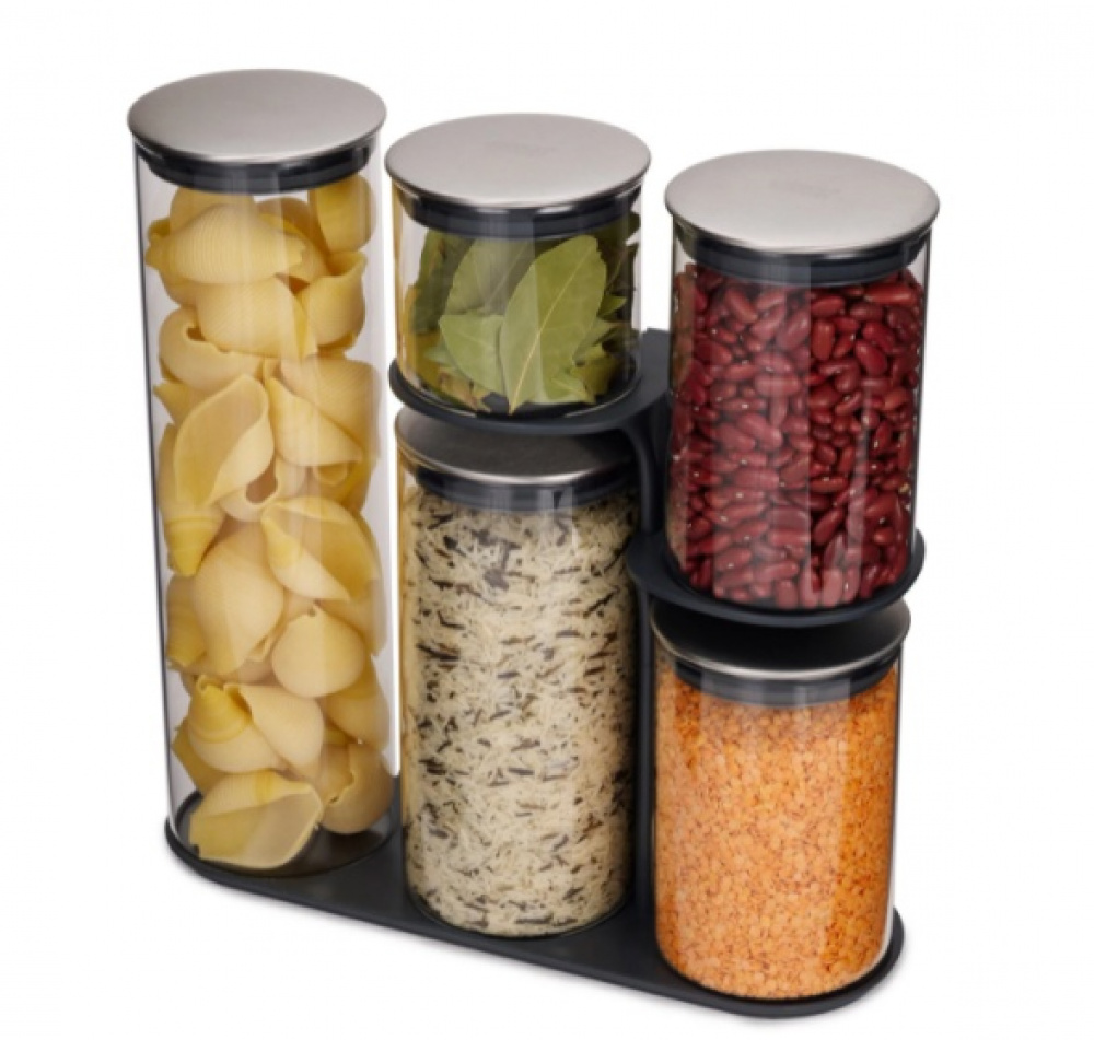 Glass Container Set in stand, 5-piece, PODIUM EASY-ACCESS, Joseph Joseph, Clear / Silver in the group Storage / Kitchen storage / Storage bins and jars at SmartaSaker.se (40341)