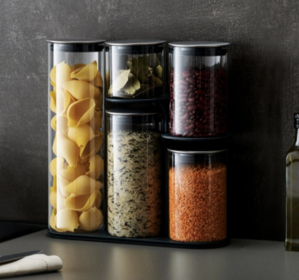 Glass Container Set in stand, 5-piece, PODIUM EASY-ACCESS, Joseph Joseph, Clear / Silver in the group Storage / Kitchen storage / Storage bins and jars at SmartaSaker.se (40341)